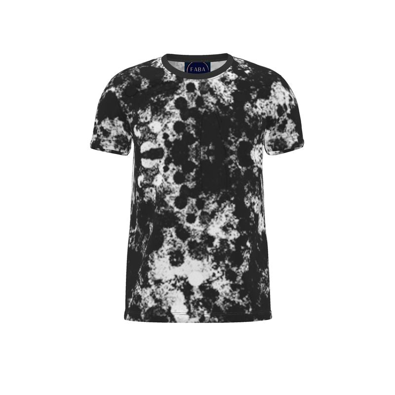 Black and white tie-dye t-shirt with 'FABA' branding on a white background