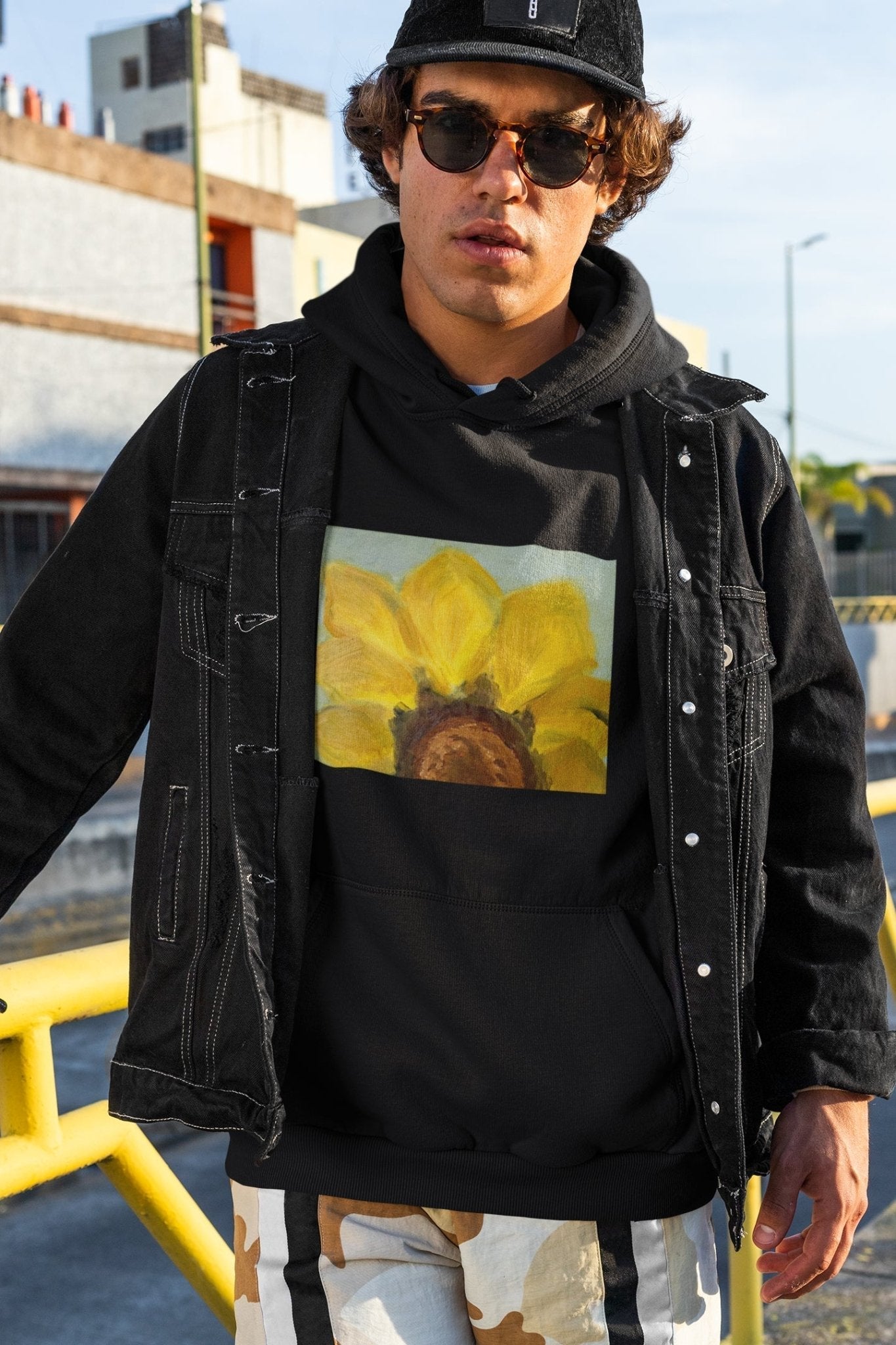 Sunflower Organic Hoodie with Ane Howard sunflower print front kangaroo pocket double-layer hood ribbed cuff hem