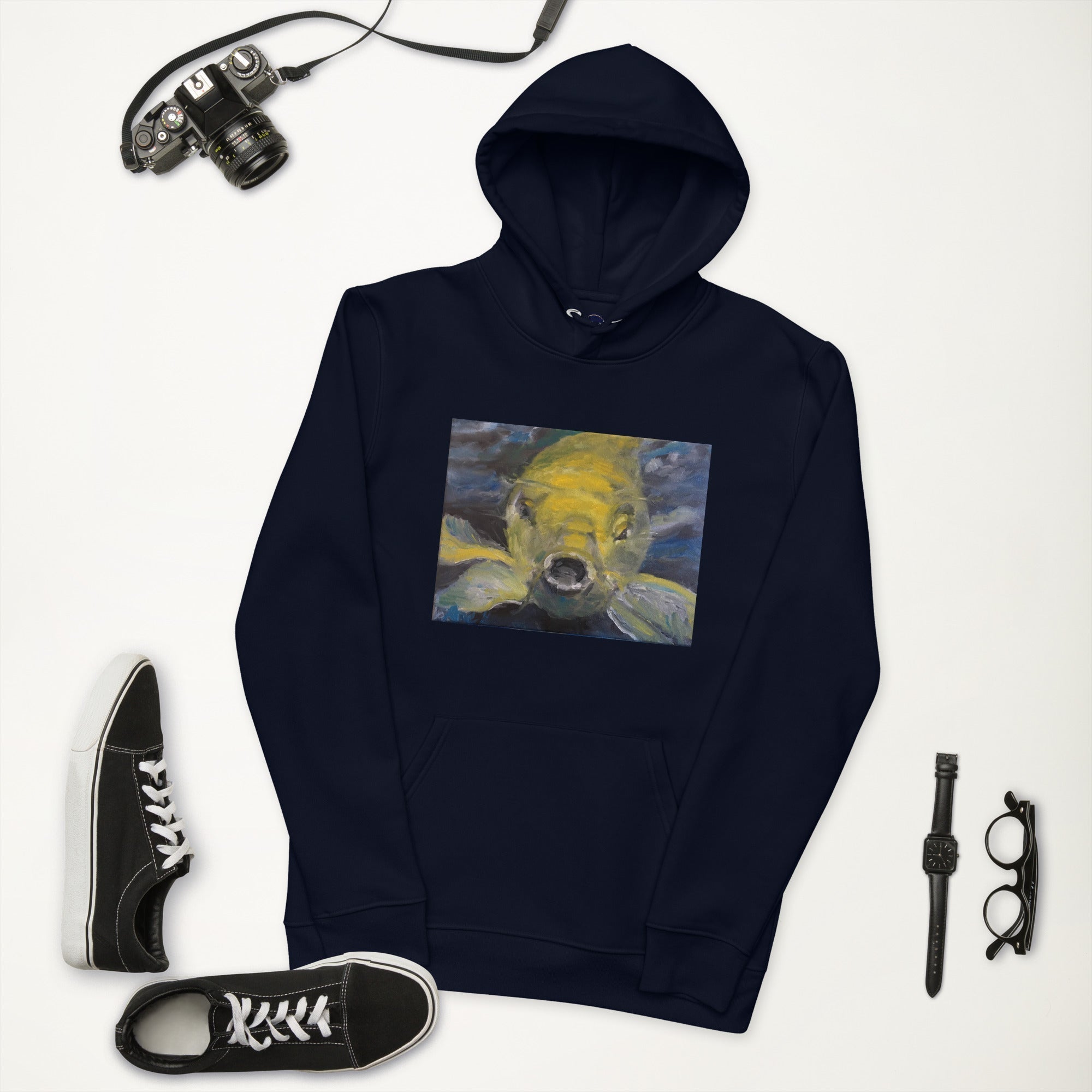 Charles the Koi unisex organic hoodie with koi oil-paint artwork front double-layer hood pouch pocket 85% organic cotton 15% recycled polyester