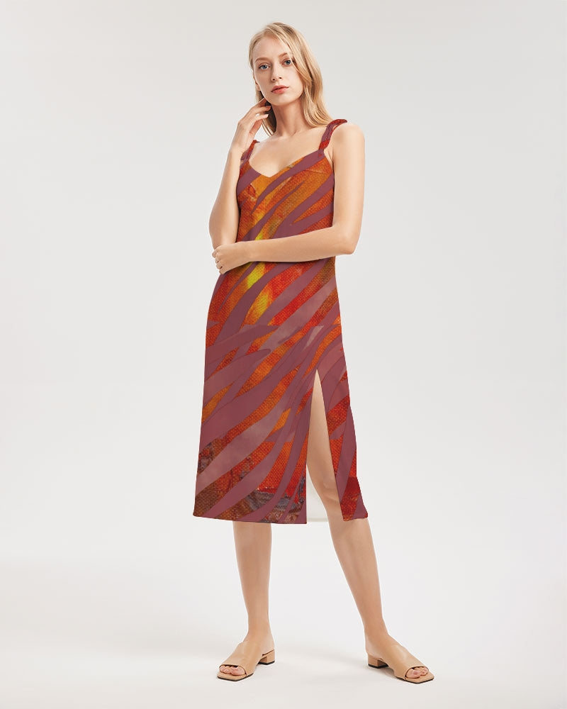 Red Burst Women's Tie Strap Split Dress-FABA Collection 