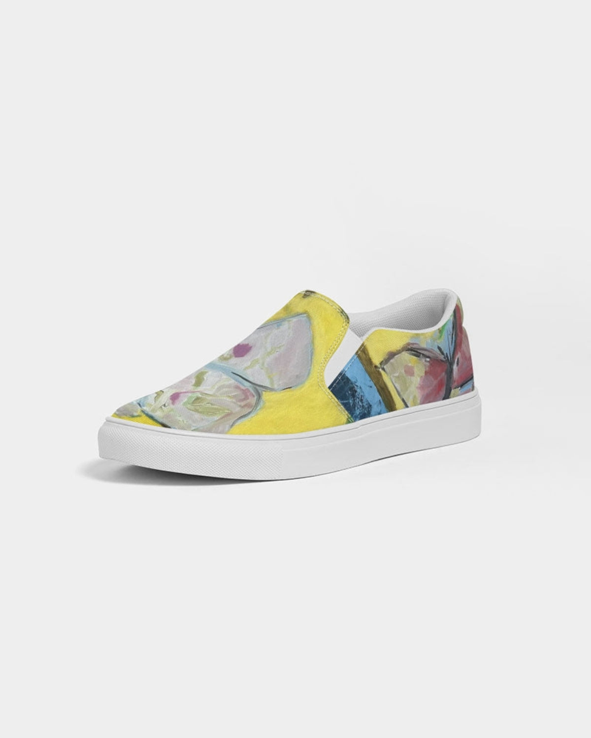 Colorful slip-on sneaker with abstract design on a white background