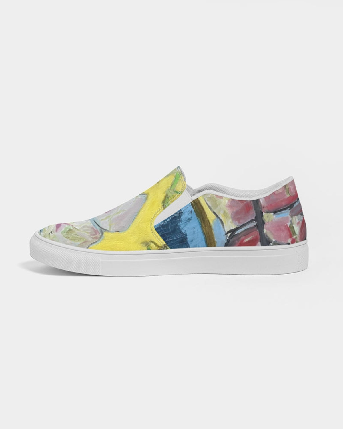 Colorful slip-on sneaker with floral pattern on a white background