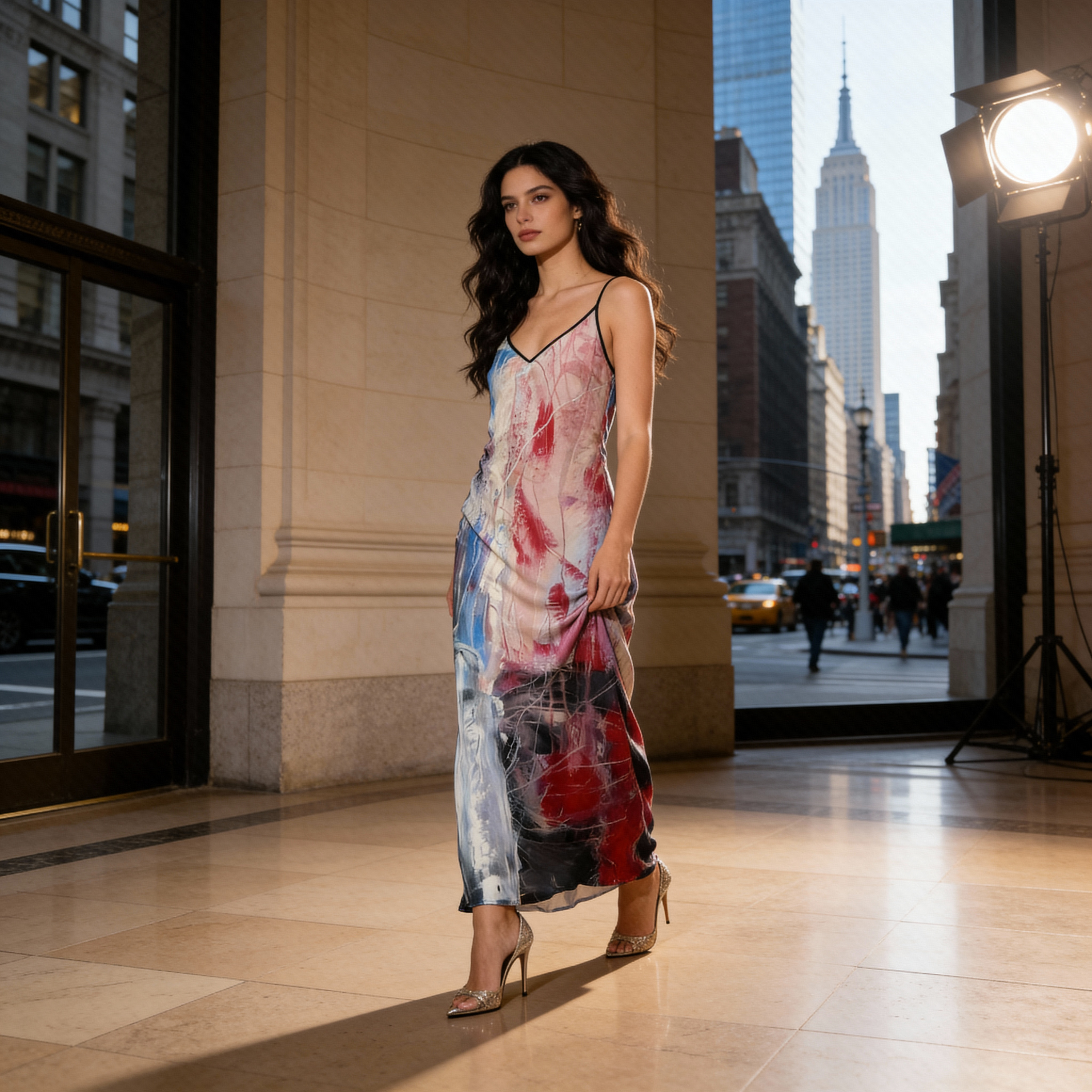 Woman in a colorful dress standing in an urban setting with cityscape in the background