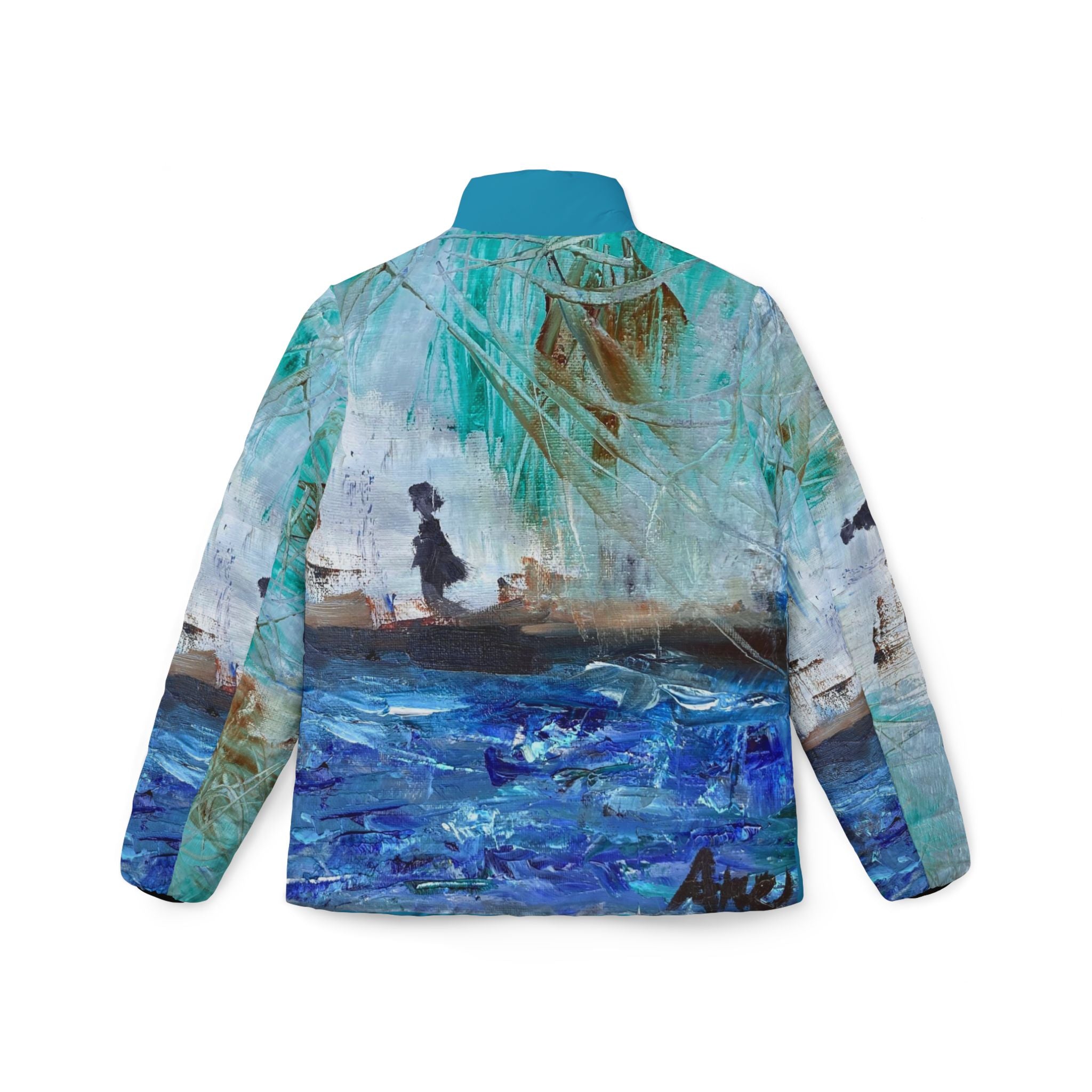Jacket with artistic design of a ship and ocean on a white background