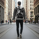 Man walking down a city street wearing a patterned jacket