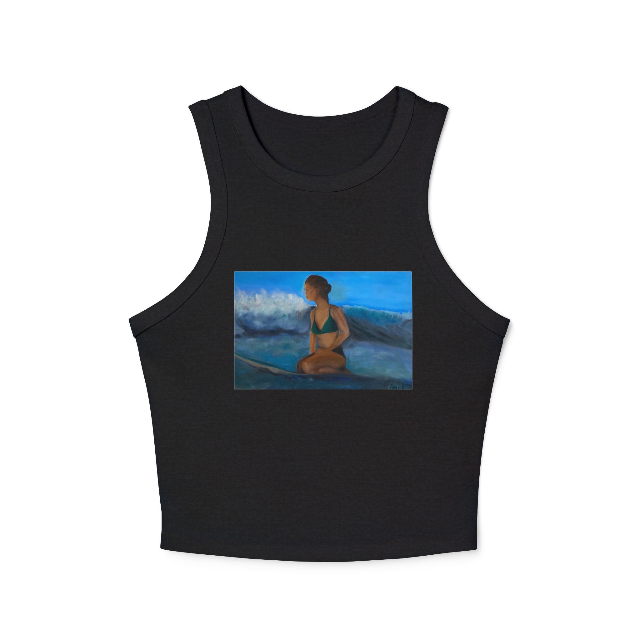 Black tank top with a surfer girl graphic 