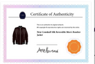 Certificate of Authenticity for a New Cowskull Silk Reversible Men's Bomber Jacket with an artist's signature and logo.