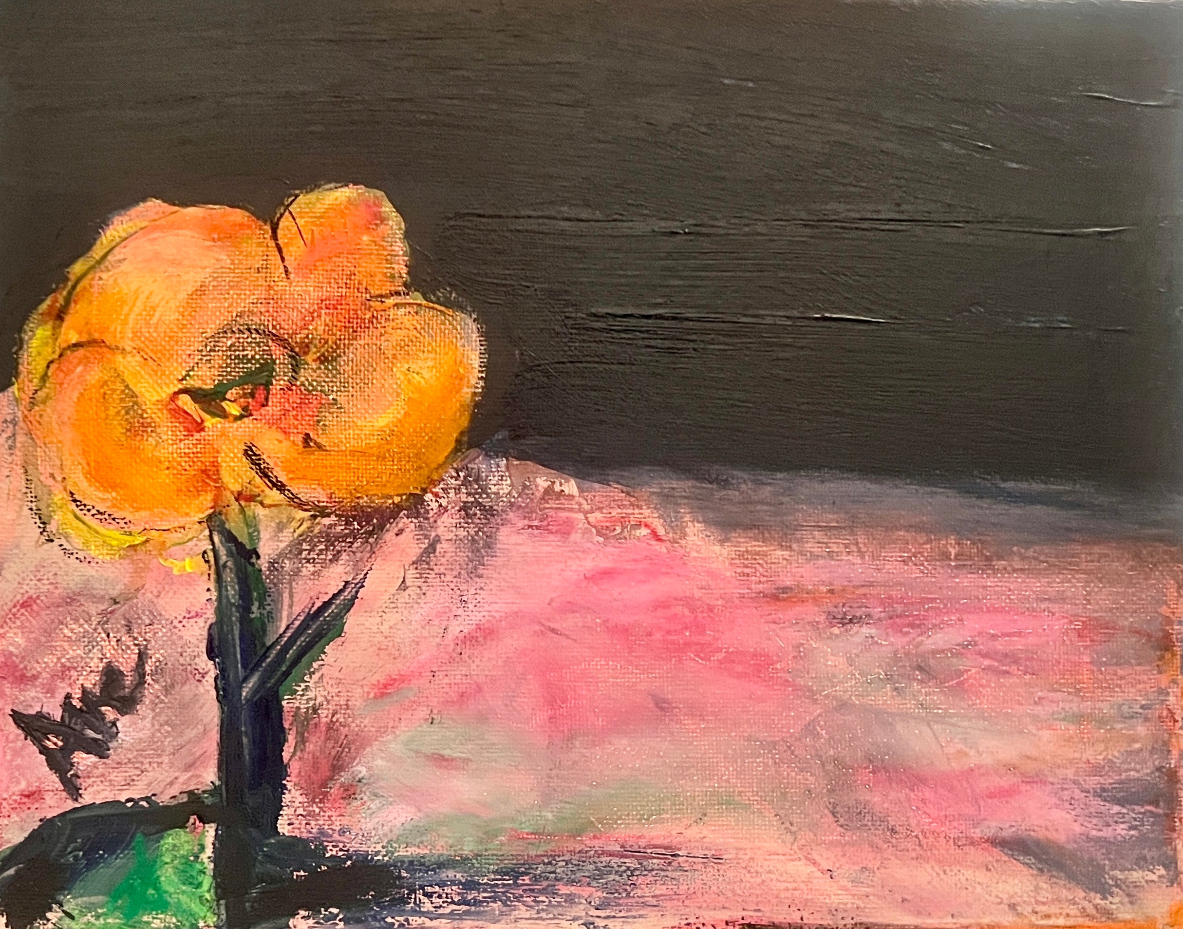 Painting of a yellow flower in a green vase on a dark background