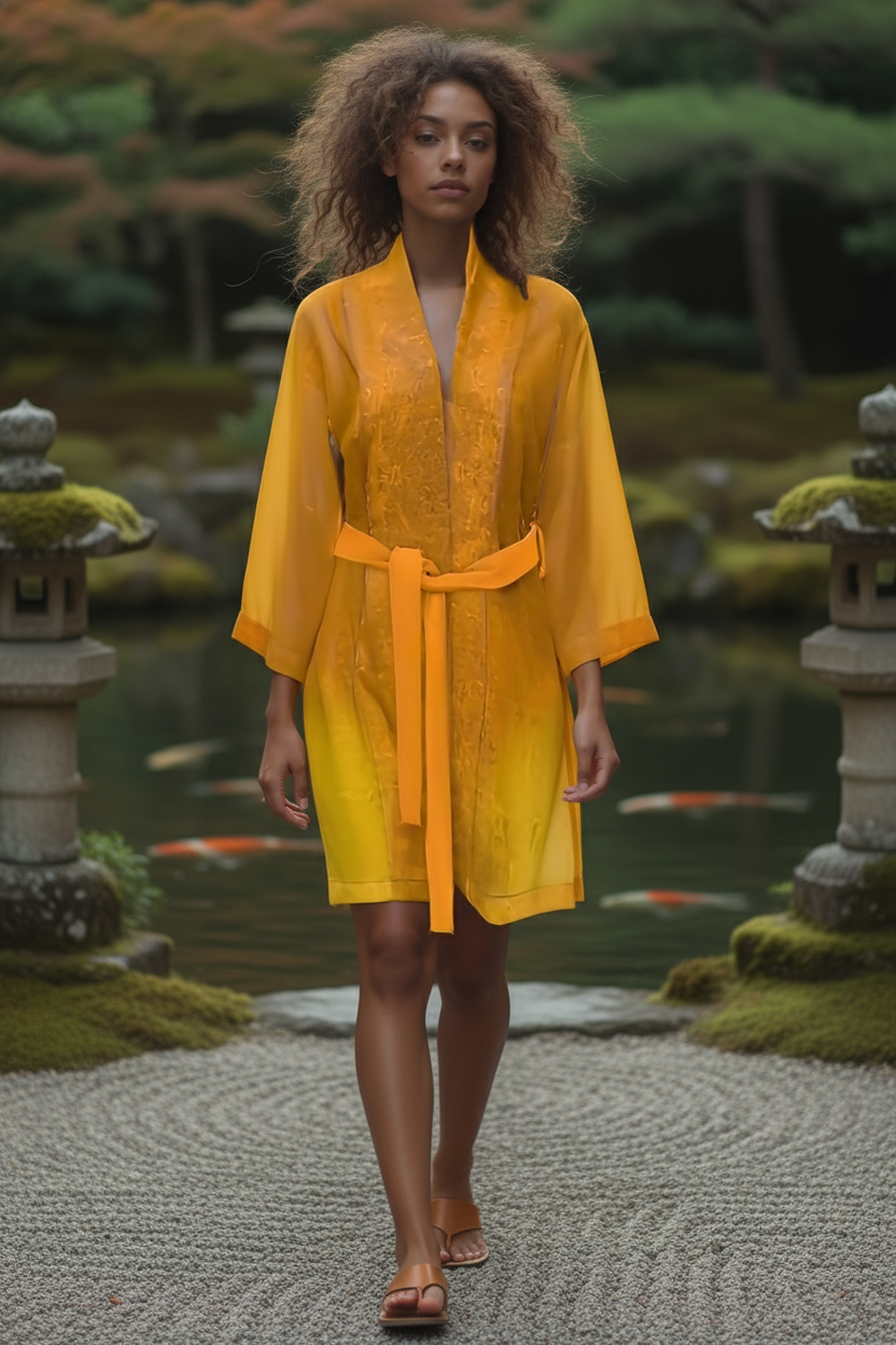 Woman in a yellow robe standing in a garden with stone lanterns and water features.