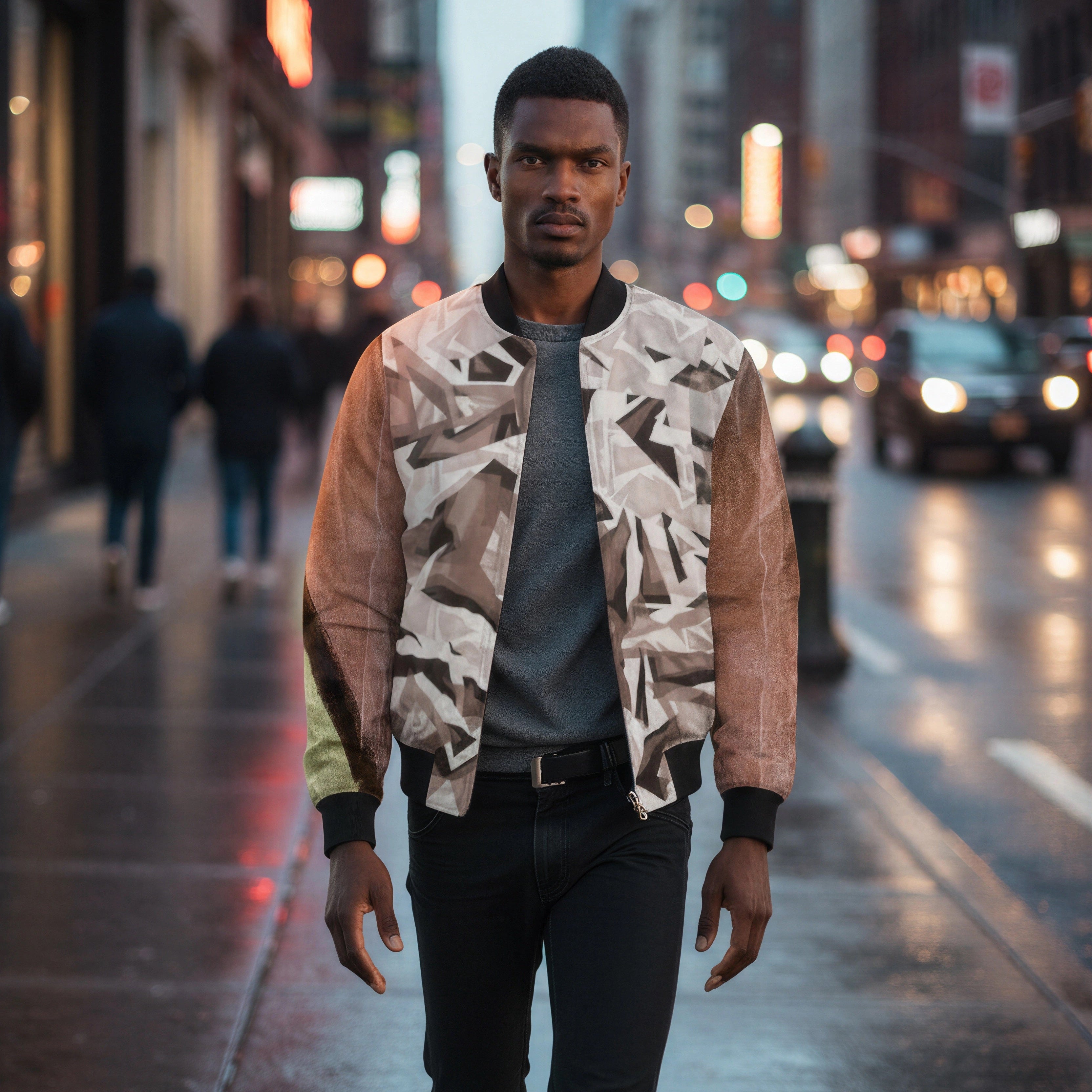 Man walking on a city street at night wearing a patterned jacket.
