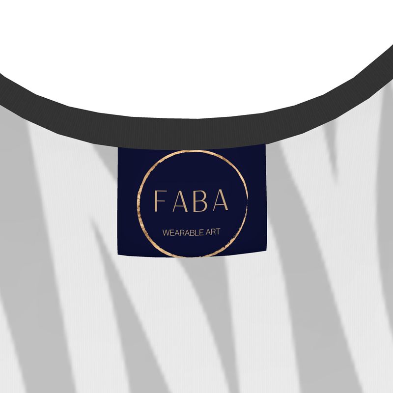 FABA label on a white garment with a black strap