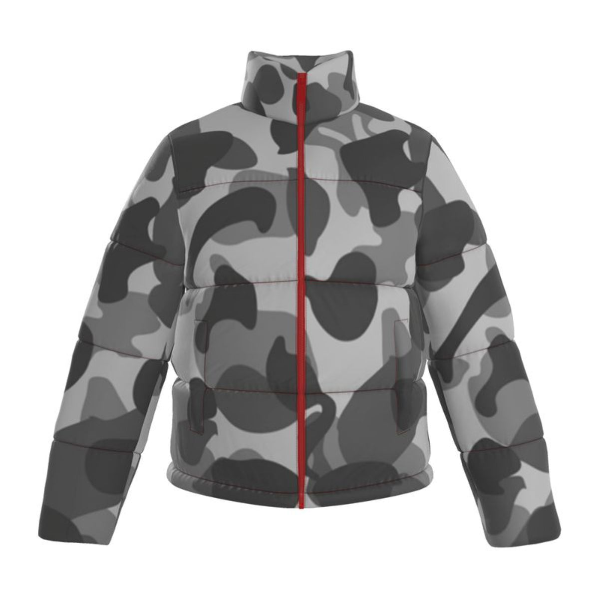 Grey Camouflage Men's Puffer Jacket - Red Accents