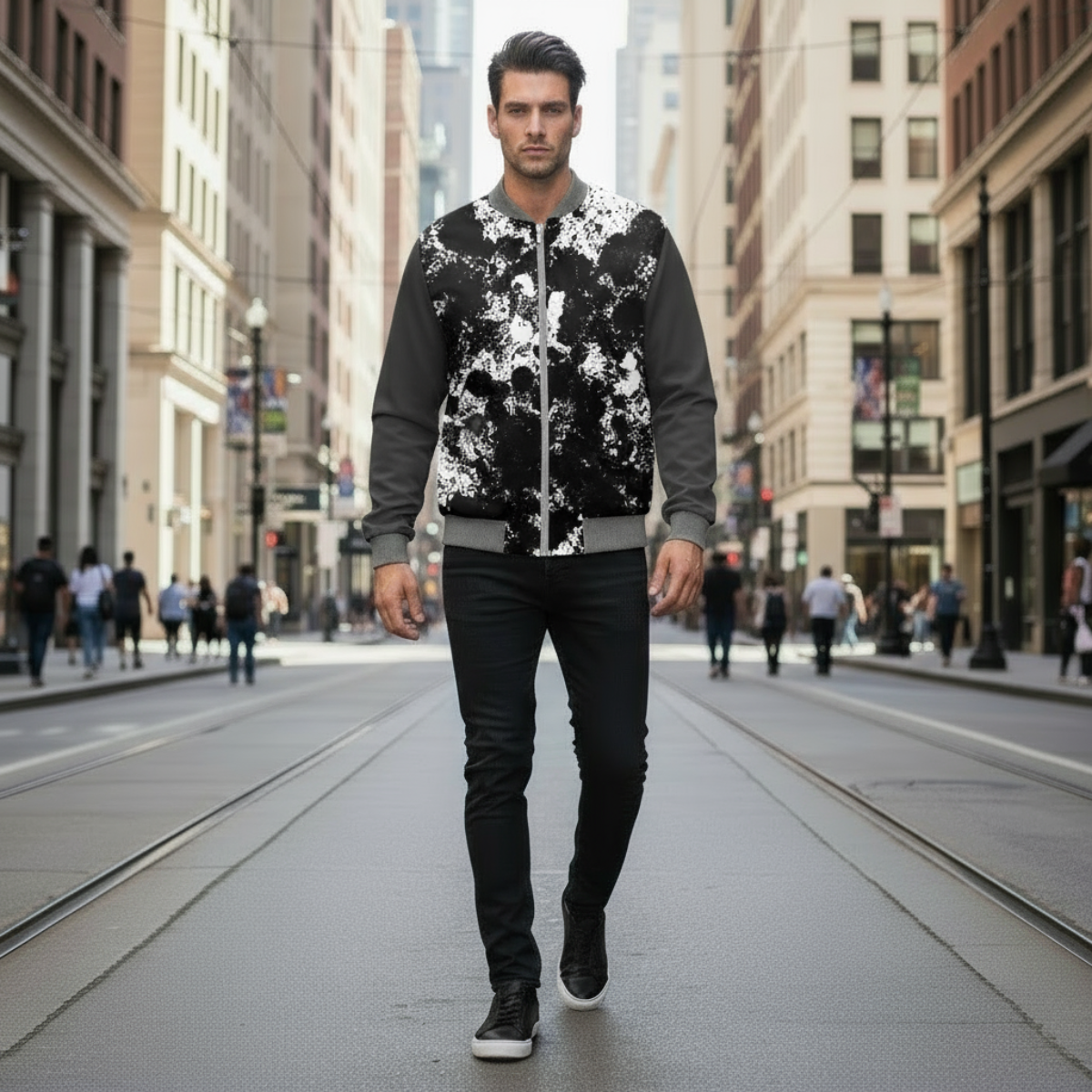 Man walking on a city street wearing a stylish jacket with a black and white pattern.