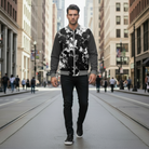 Man walking on a city street wearing a stylish jacket with a black and white pattern.