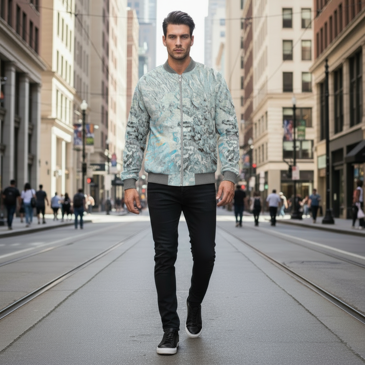 Man walking on a city street wearing a patterned jacket.