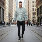 Man walking on a city street wearing a patterned jacket.