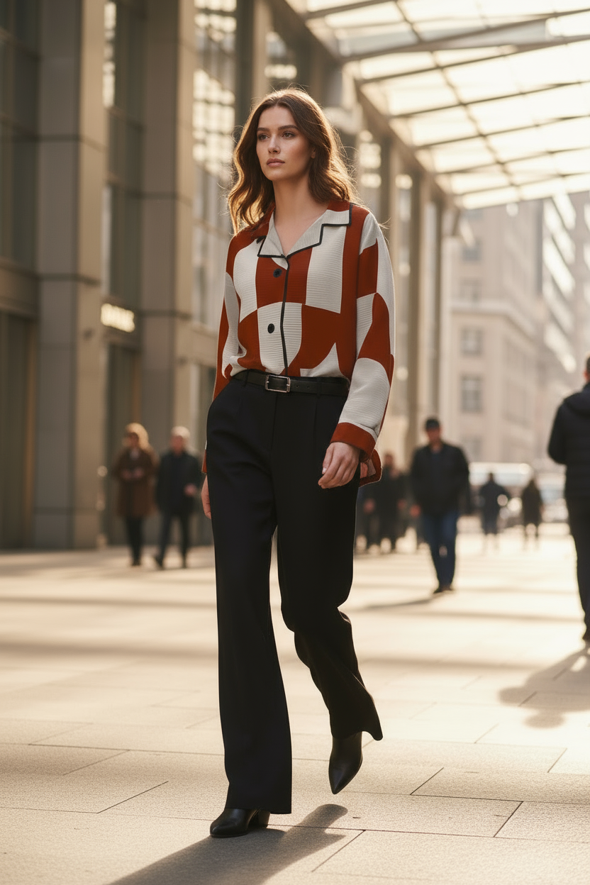 Woman in a red and white checkered shirt and black pants walking outdoors.