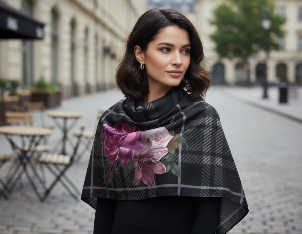 Silk Scarf Wrap Or Shawl Tartan Floral- FABA