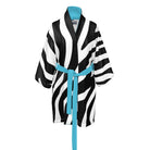 Black and white striped robe with a blue belt on a mannequin against a white background