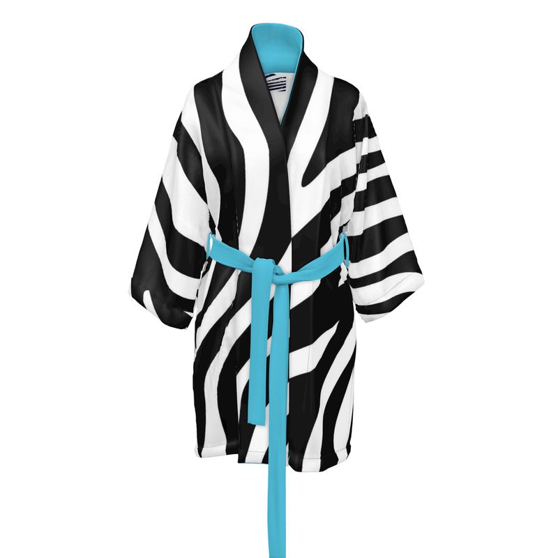 Black and white striped robe with a blue belt on a mannequin against a white background