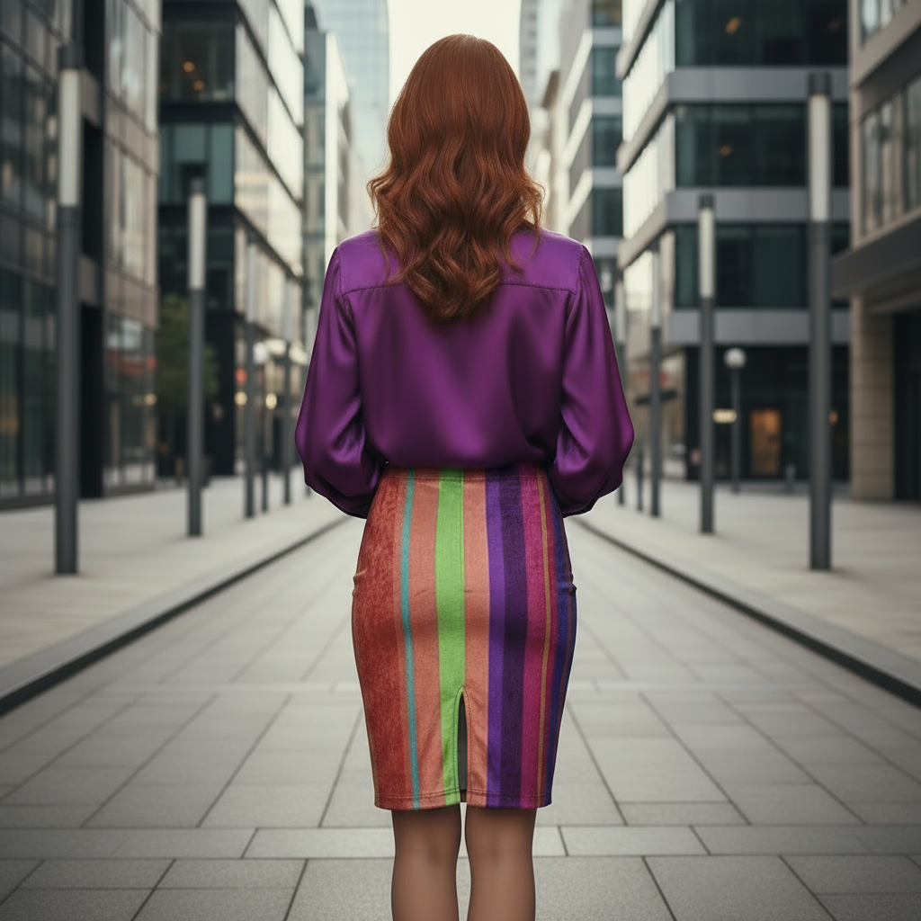 Person wearing a purple blouse and colorful striped skirt walking down a cobbled street.