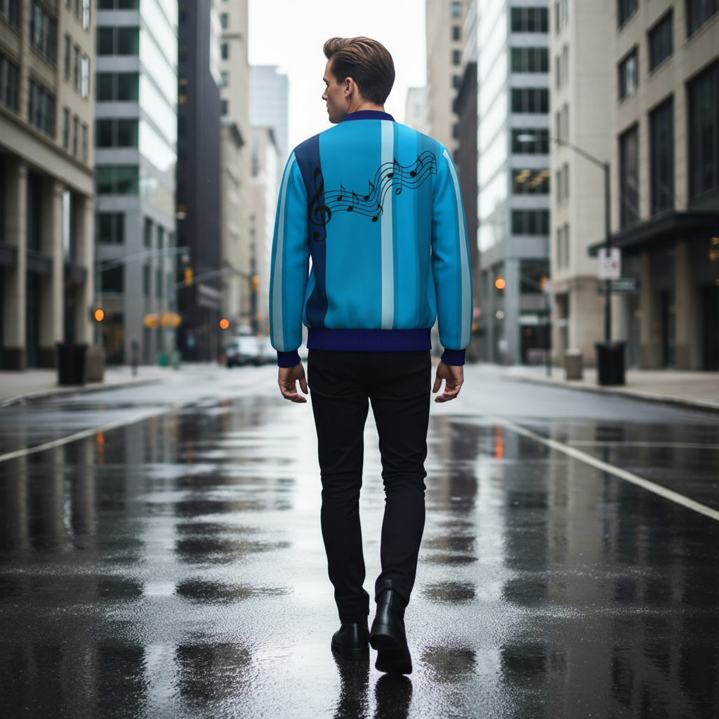 Person wearing a blue jacket with musical notes walking on a city street.