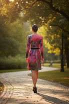 Woman in a colorful dress walking away on a sunlit path in a park.
