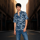 Blue Camo Men's Short Sleeve Organic Shirt with Ane Howard all-over print button-down collar mother of pearl buttons
