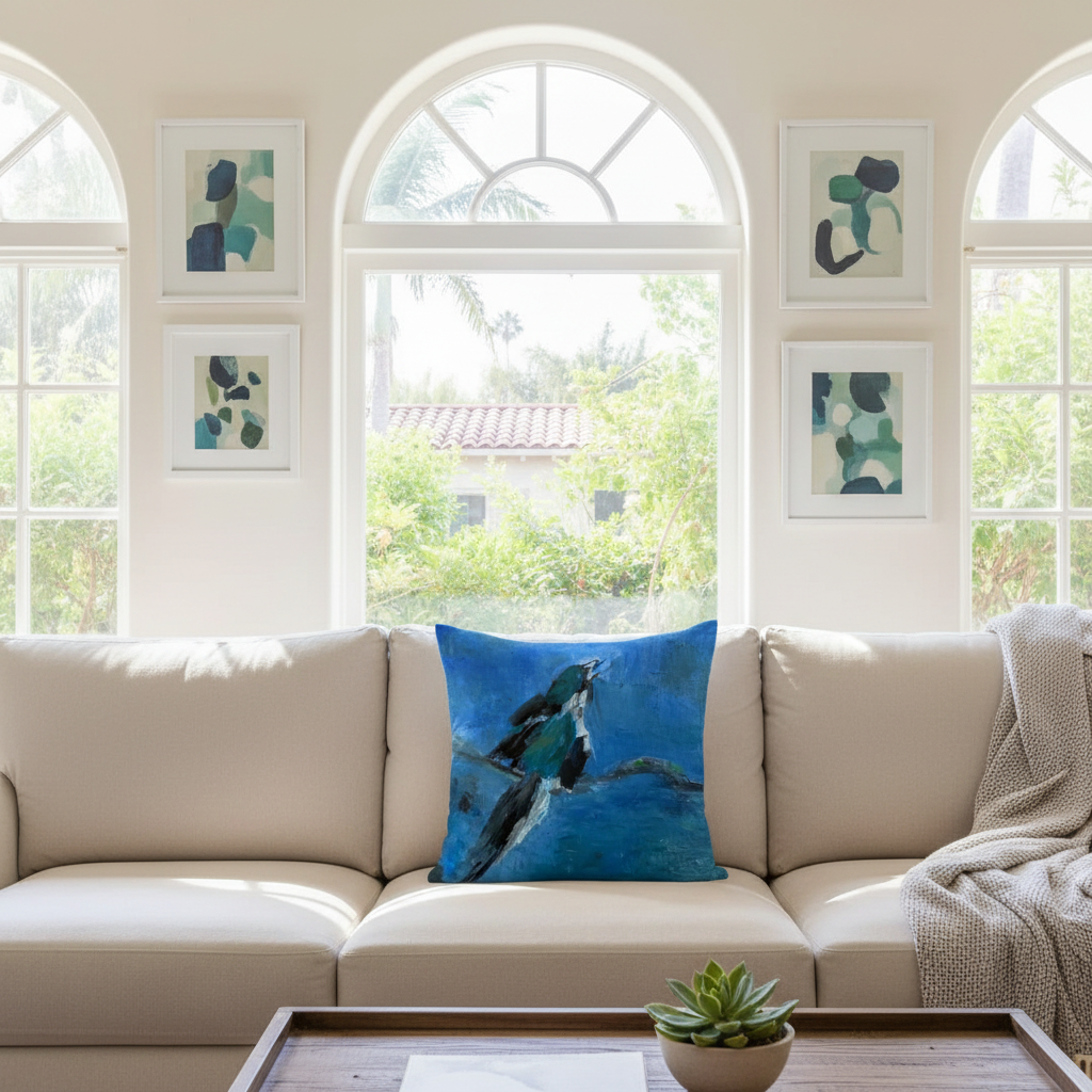 Beige sofa with a blue pillow featuring a bird design, surrounded by framed abstract art in a bright room.