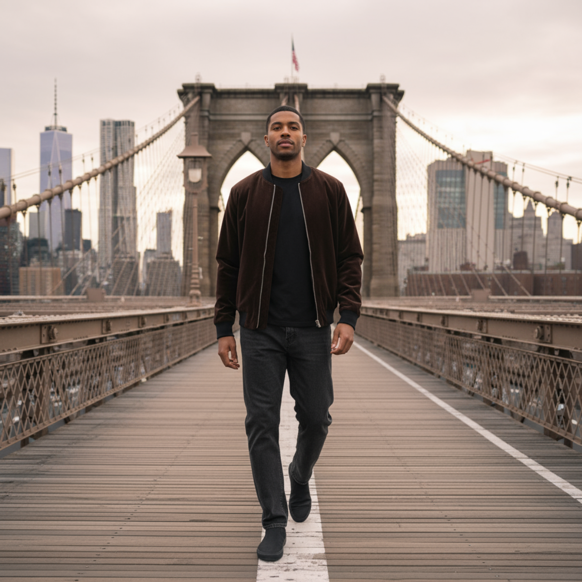 Man walking on the Brooklyn Bridge with city skyline in the background