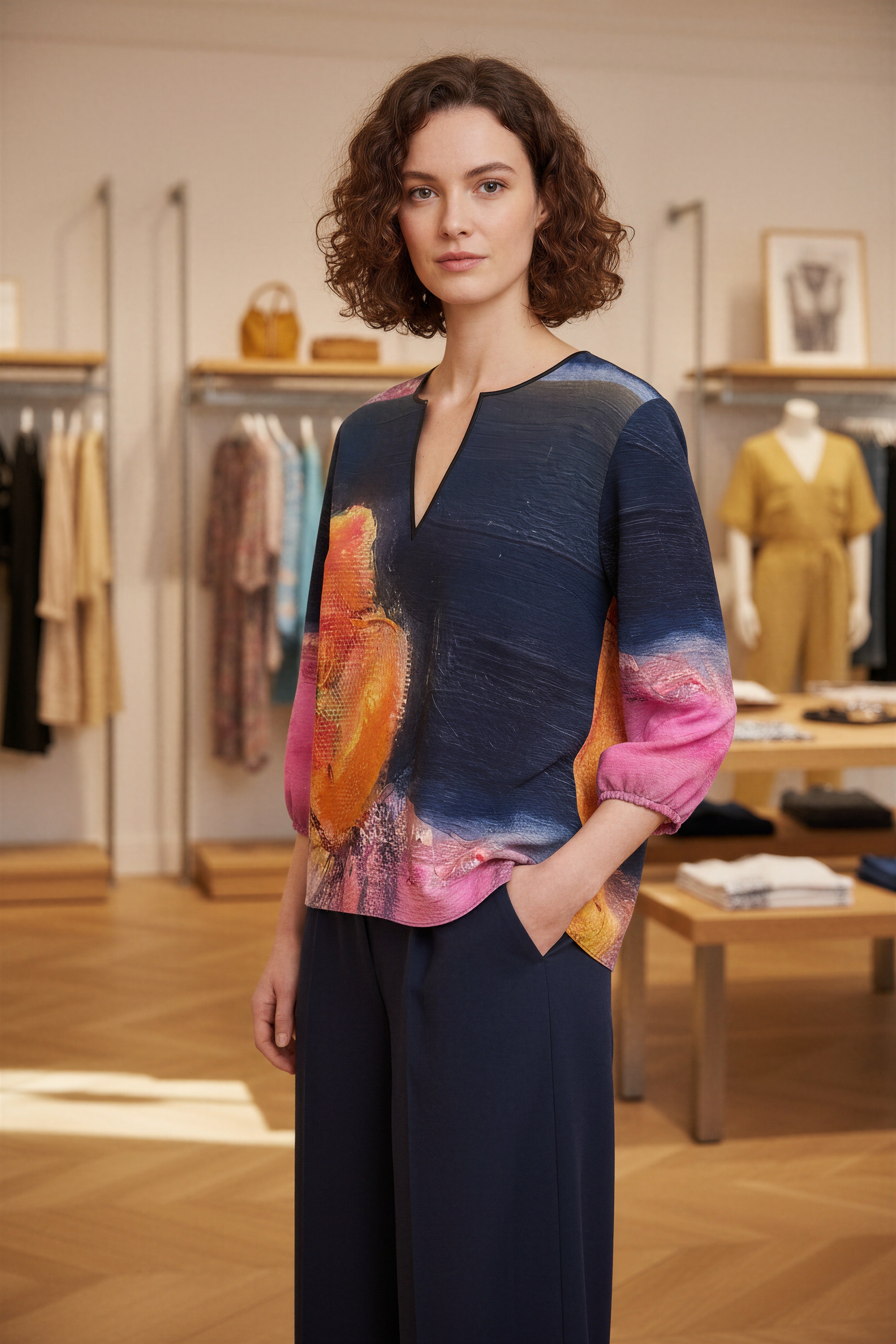 Woman wearing a colorful dress in a clothing store