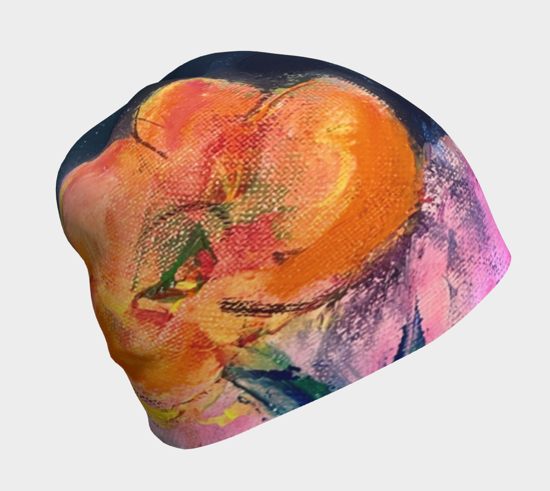 Colorful beanie with abstract design on a white background