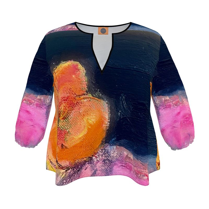 Colorful long-sleeve top with abstract design on a white background

