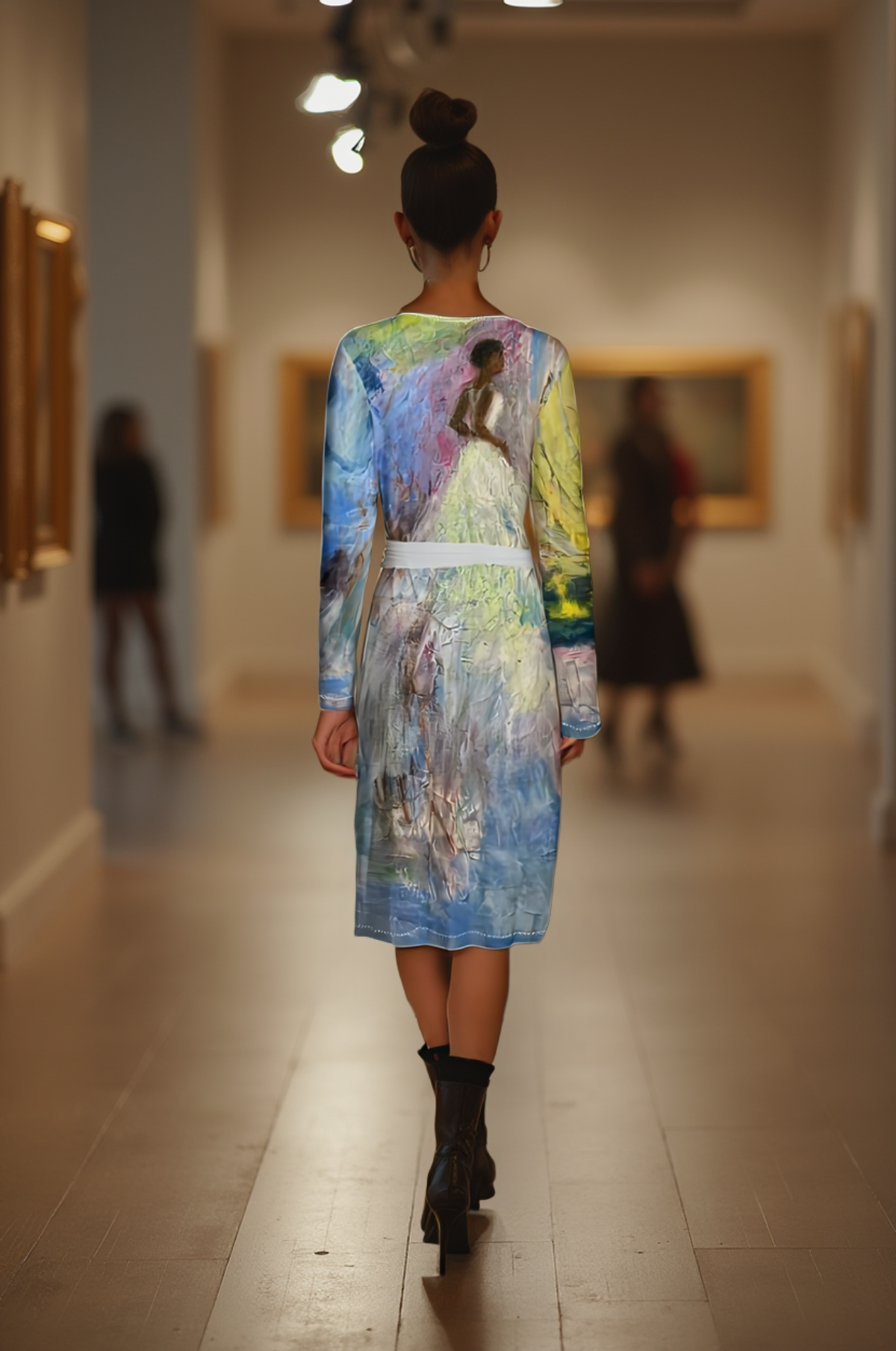 woman walking away art gallery wearing a wrap dress