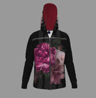 Black hoodie with pink floral design on a white background