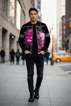 Man wearing a floral-patterned jacket on a city street