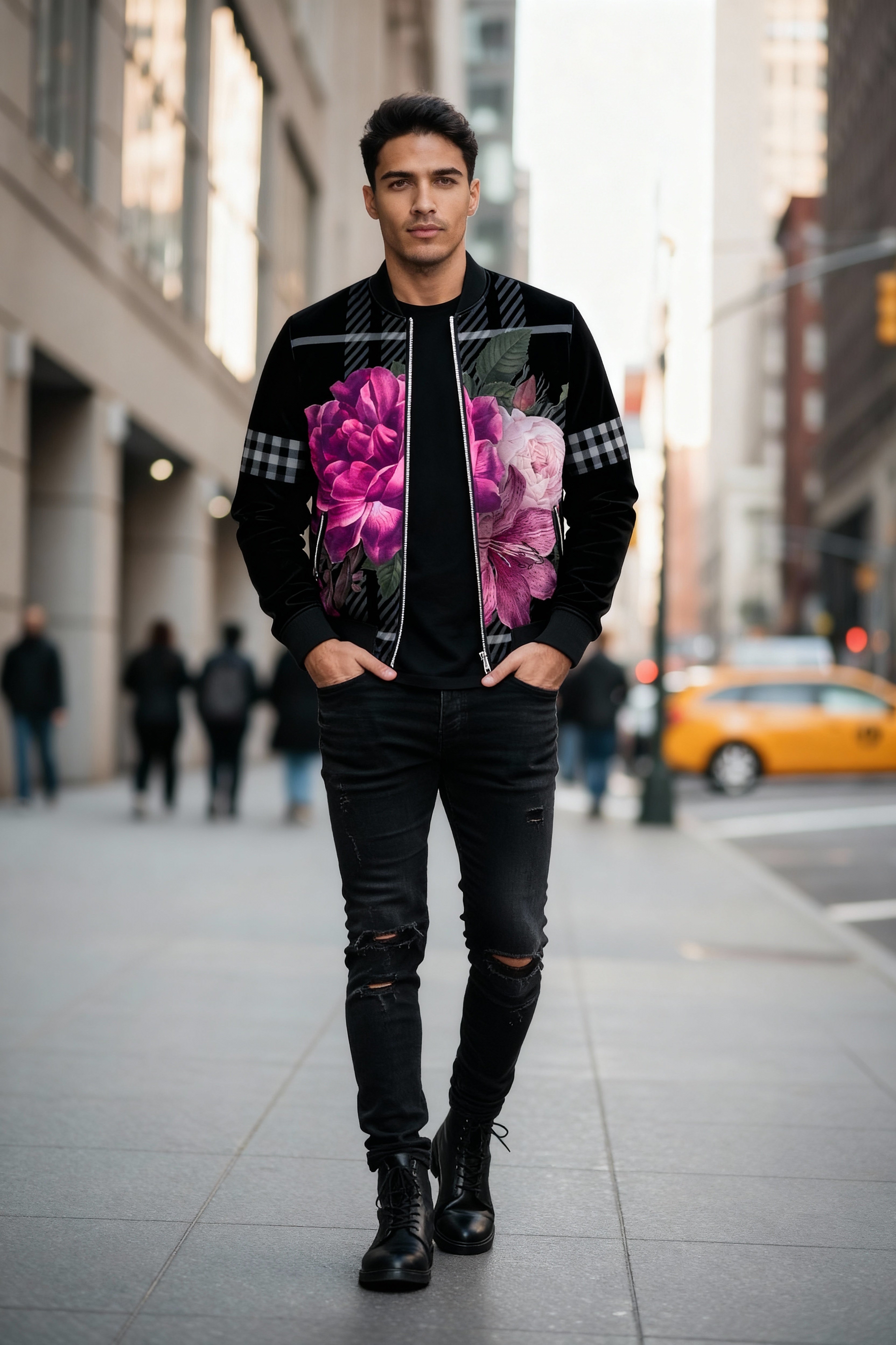 Man wearing a floral-patterned jacket on a city street