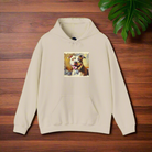 A beige cotton hoodie with a front pouch pocket, featuring a printed image of a smiling Pittbull dog in the center.