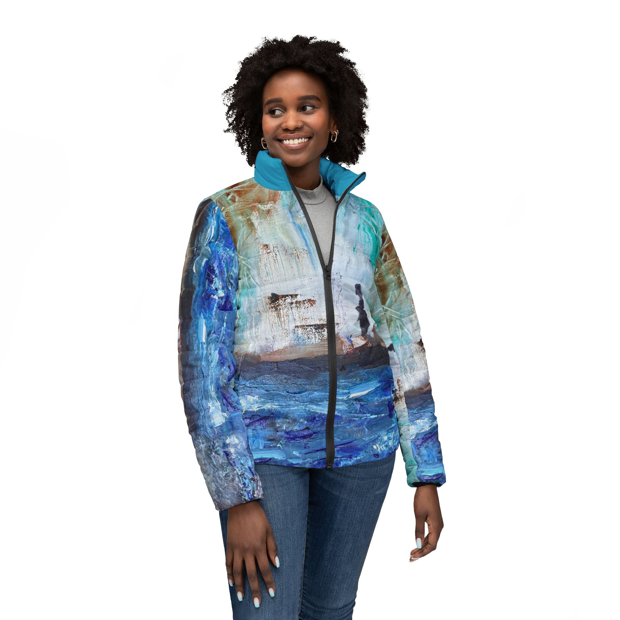 Woman wearing a colorful jacket with a scenic print on a white background