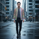 New Urban Rainbow Men's Bomber Jacket front view Urban Garden print fully lined ribbed cuffs waist high-quality zip handmade in London