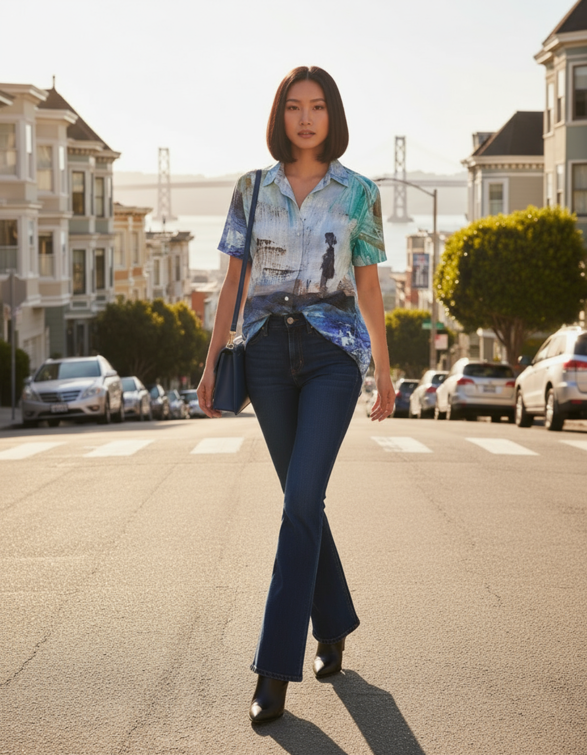 Woman walking on a city street wearing a patterned shirt and blue jeans.