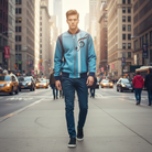 Man walking on a city street wearing a blue jacket with a music note design.