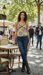 Woman in colorful top and blue jeans standing in an outdoor cafe setting

