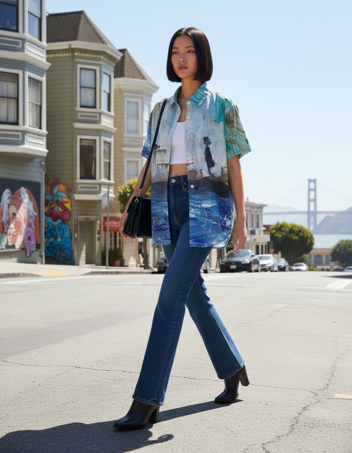 Woman walking on a street wearing a patterned shirt, jeans, and black boots with a cityscape background.