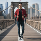 Man in a red jacket walking on the Brooklyn Bridge with city skyline in the background