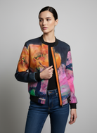 Desert Rose reversible silk bomber jacket silk satin outer Desert Rose print burnt orange organic cotton inner ribbed cuffs