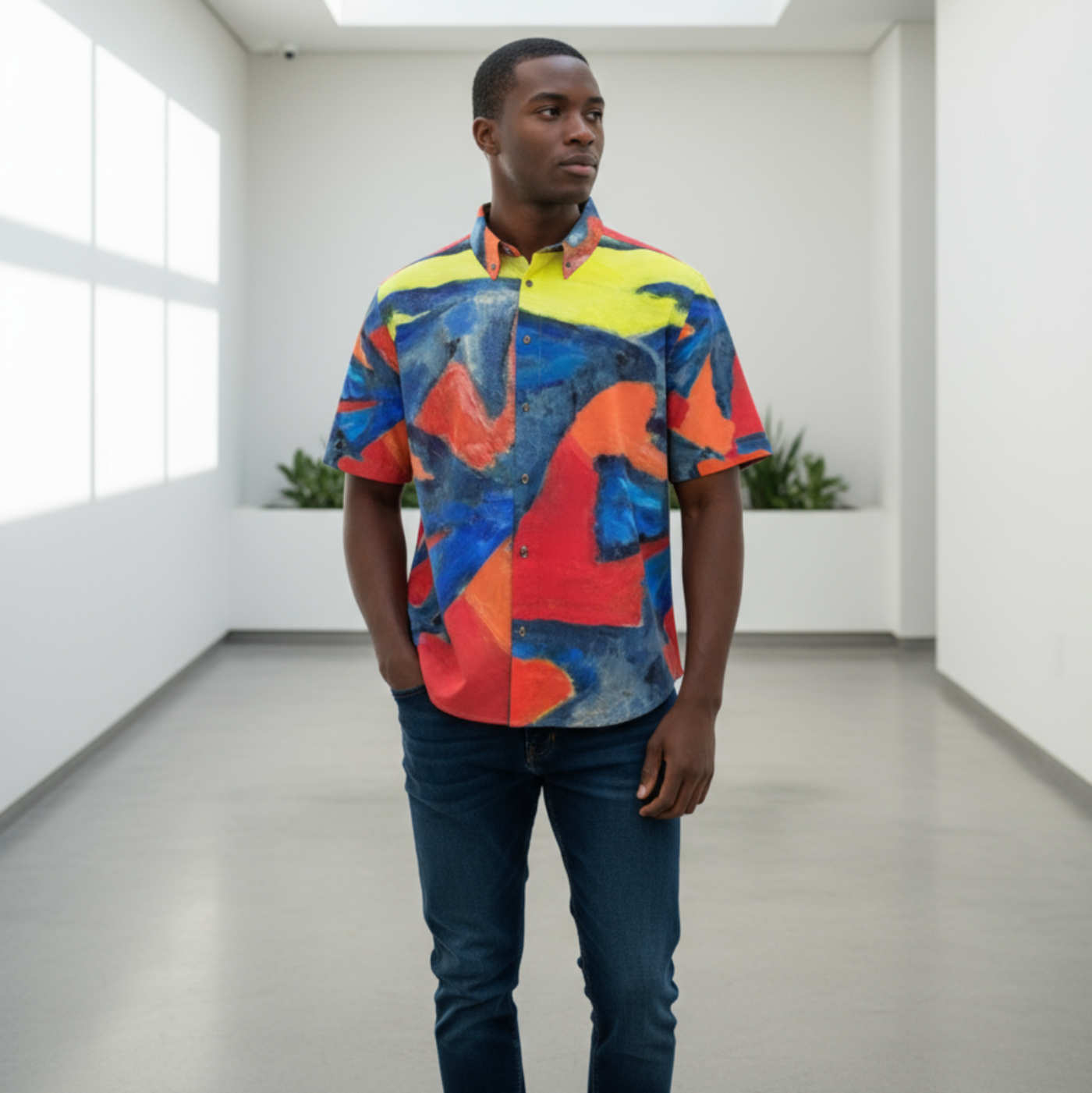 The Flock men's organic cotton short sleeve shirt with all-over oil painting print by Ane Howard and mother-of-pearl buttons