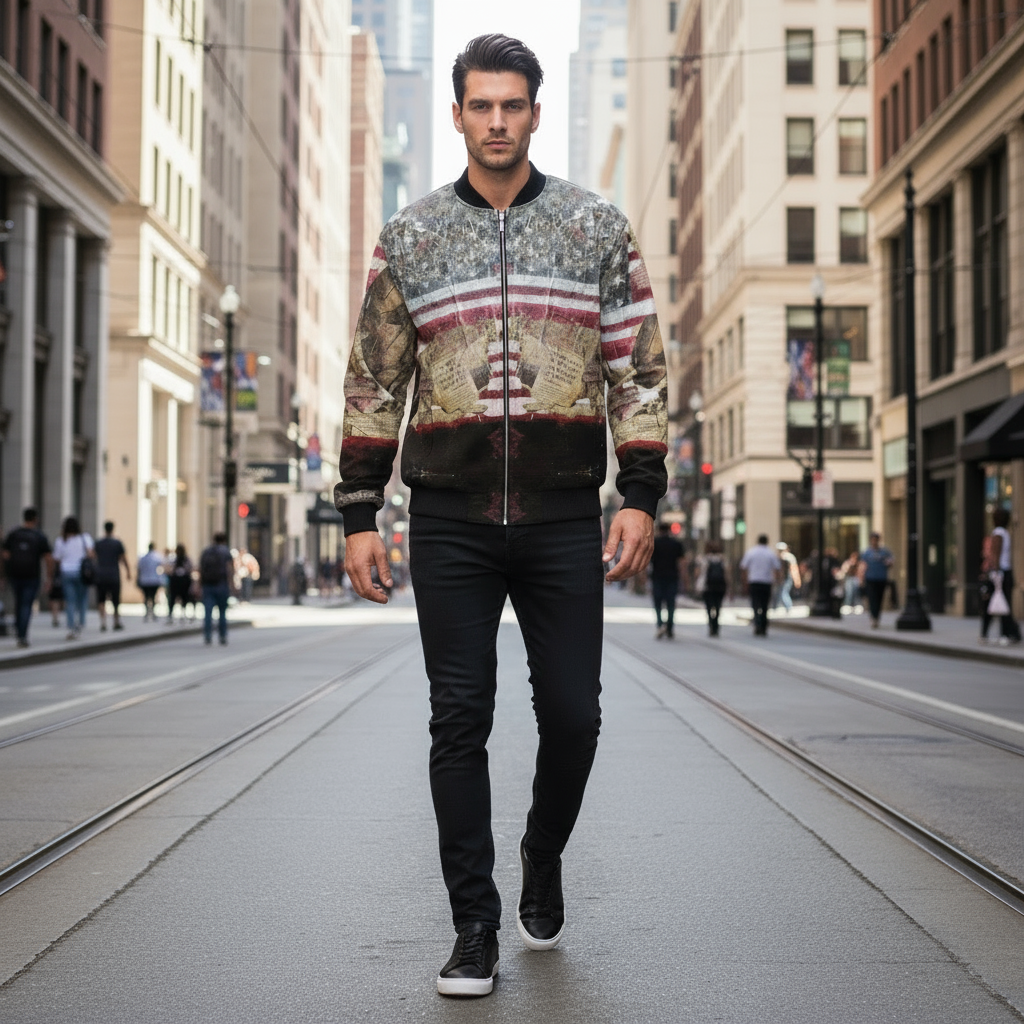 New Flag Men's Bomber Jacket front view with full lining ribbed cuffs waist quality zip and Ane Howard artwork panel