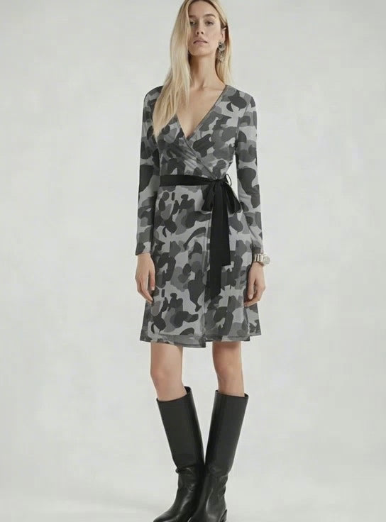 Grey Camo Wrap Dress Short or At-the-Knee - FABA