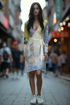 Woman in a colorful dress standing on a city street with blurred background